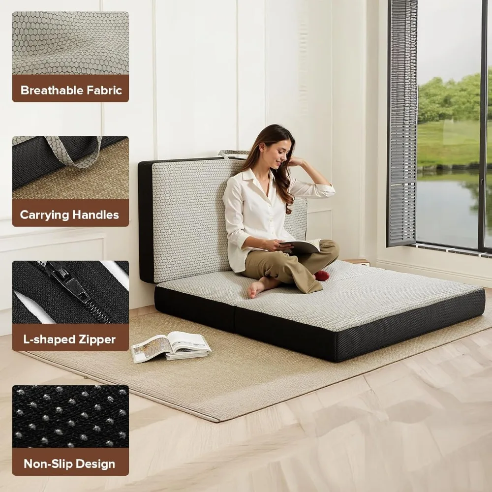 6 بوصة رغوة الذاكرة مرتبة ثلاثية الطي الملكة المحمولة الطابق السرير طوي غطاء قابل للغسل عدم الانزلاق RV السفر التخييم