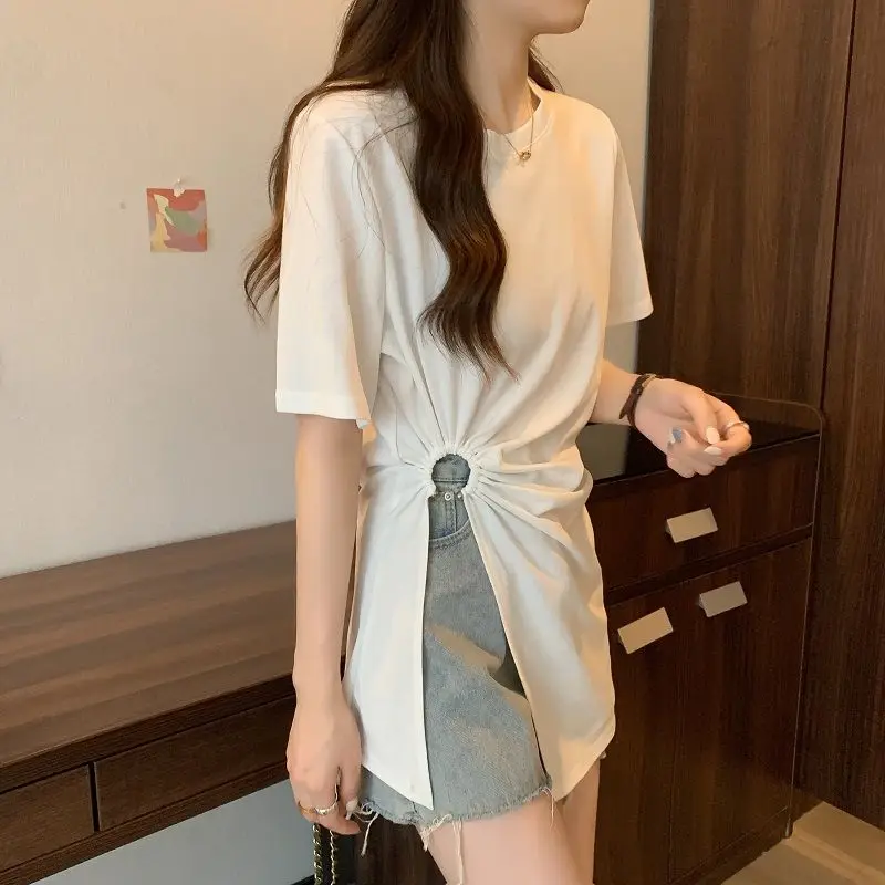 T-shirts Women Side-slit Design Sexy Folds Pure Simple All-match Loose Daily Korean Style Female Casual Summer Long Clothes New