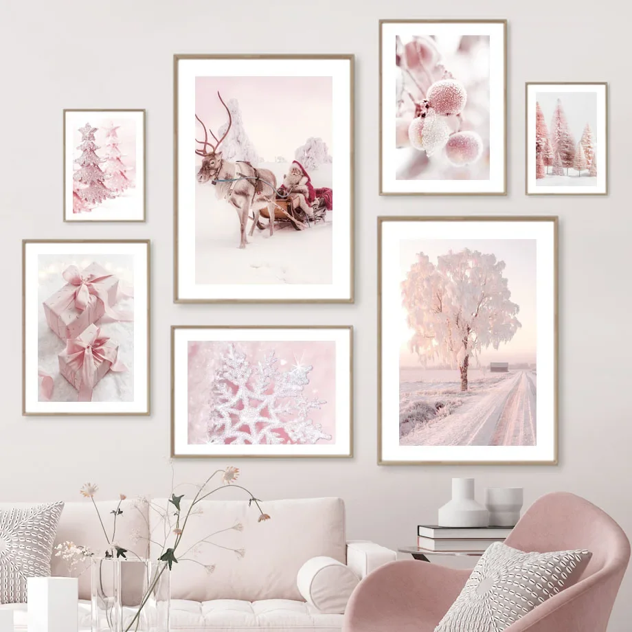 Christmas Winter Snowy Tree Pink Flower Santa Wall Art Canvas Painting Posters And Prints Wall Pictures For Bedroom Home Decor