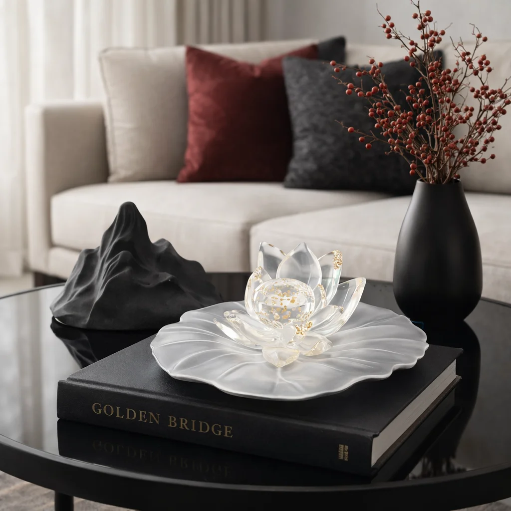 Custom Elegant Resin Lotus Flower Ornament with Lotus Leaf Base Gold Accent Home Living Room Tabletop Decorative Piece