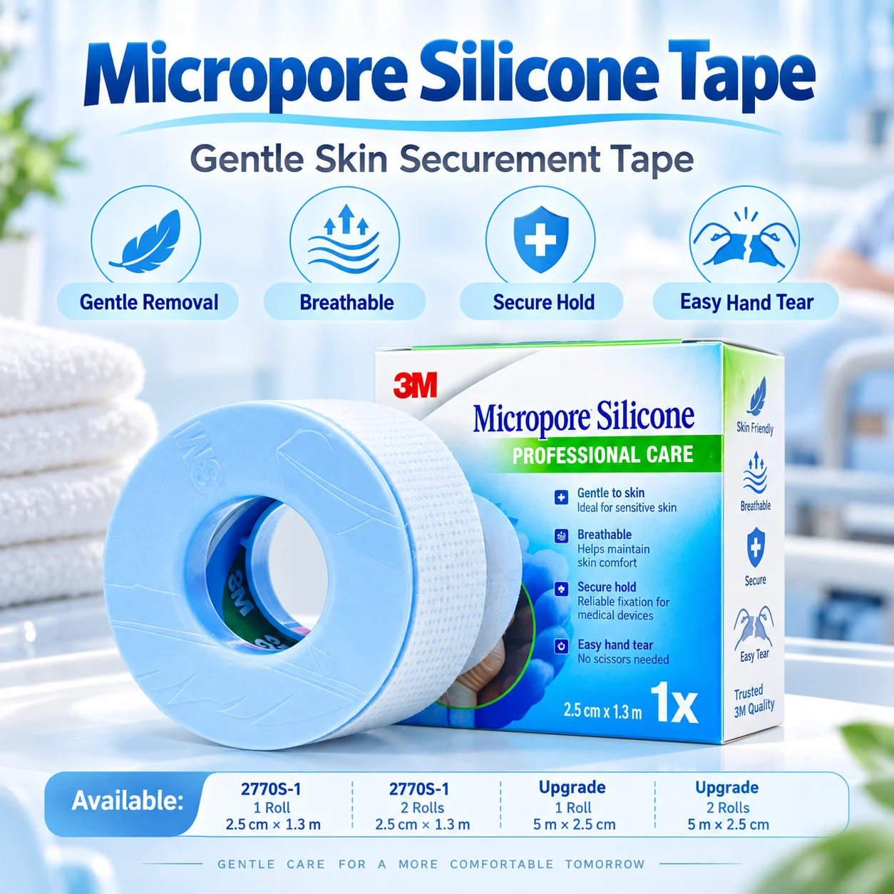 3M 2770S-1 Silicone Medical Tape Breathable Gentle Removal For Dressing IV Tubing Sensitive Skin 2.5cm 1.3m 5m