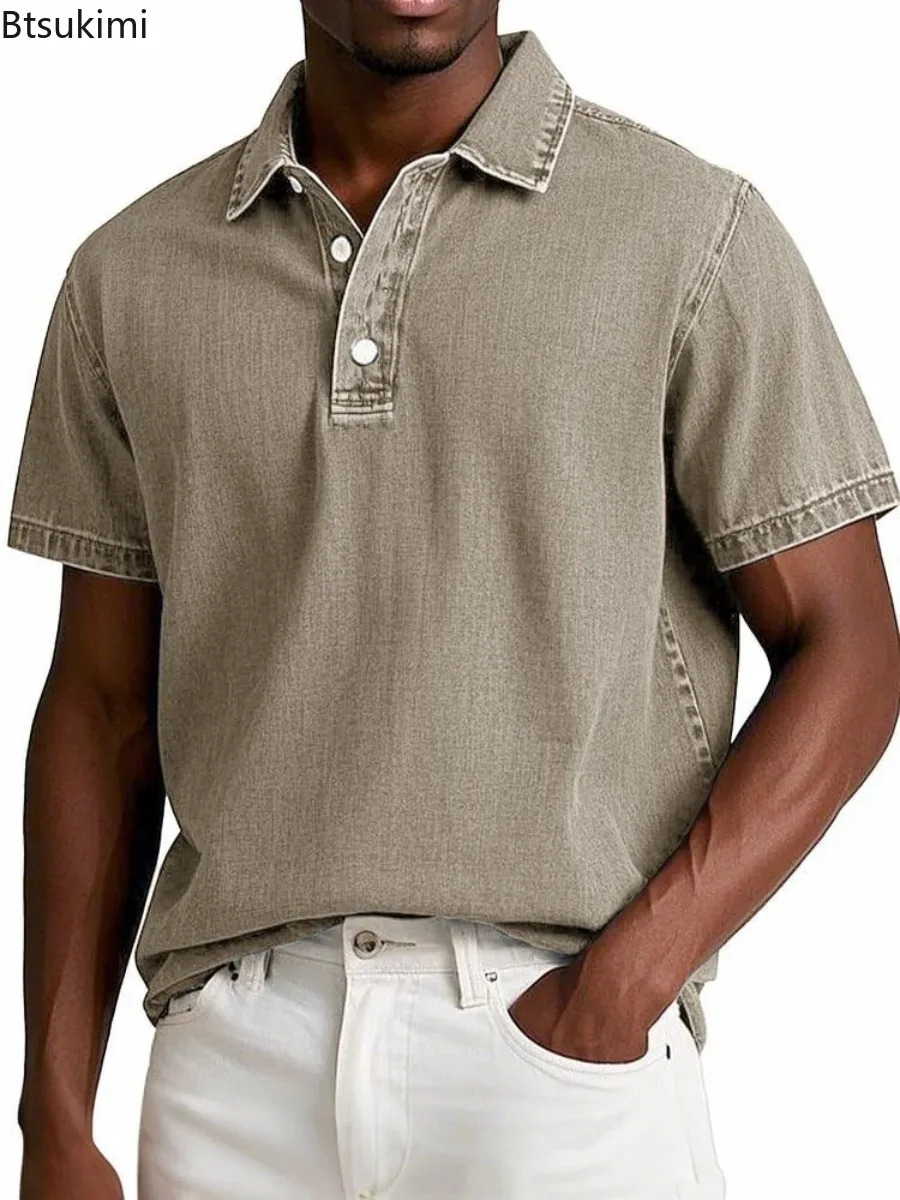 New 2025 Men's Summer Retro Thin Style Polo Shirt Solid Color Business Casual Short Sleeve T-shirt Casual and Loose Shirt Male