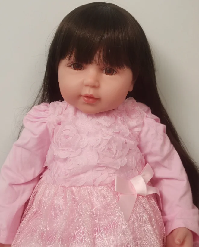 Baby Silicon Doll Long Hair Soft Silicone Vinyl Reborn Toddler Girl Doll Pink Princess Dress  Lifelike Real Baby Long wig Hair