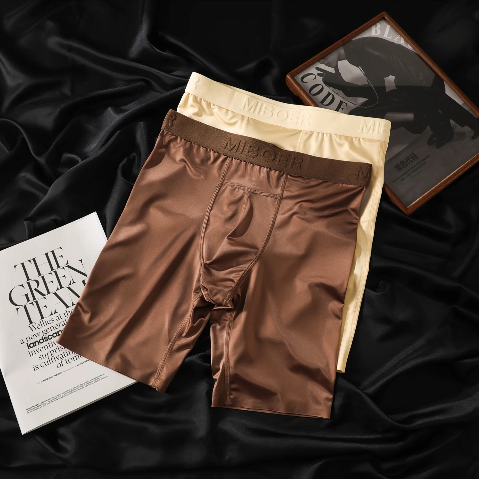Lange Boxershorts für Herren, glänzende, glatte Satin-Unterwäsche mit U-förmigem, konvexem Taschen-Design, mittellange Boxershorts, breiter Bund, seidige Schlafbekleidung – Detail 6