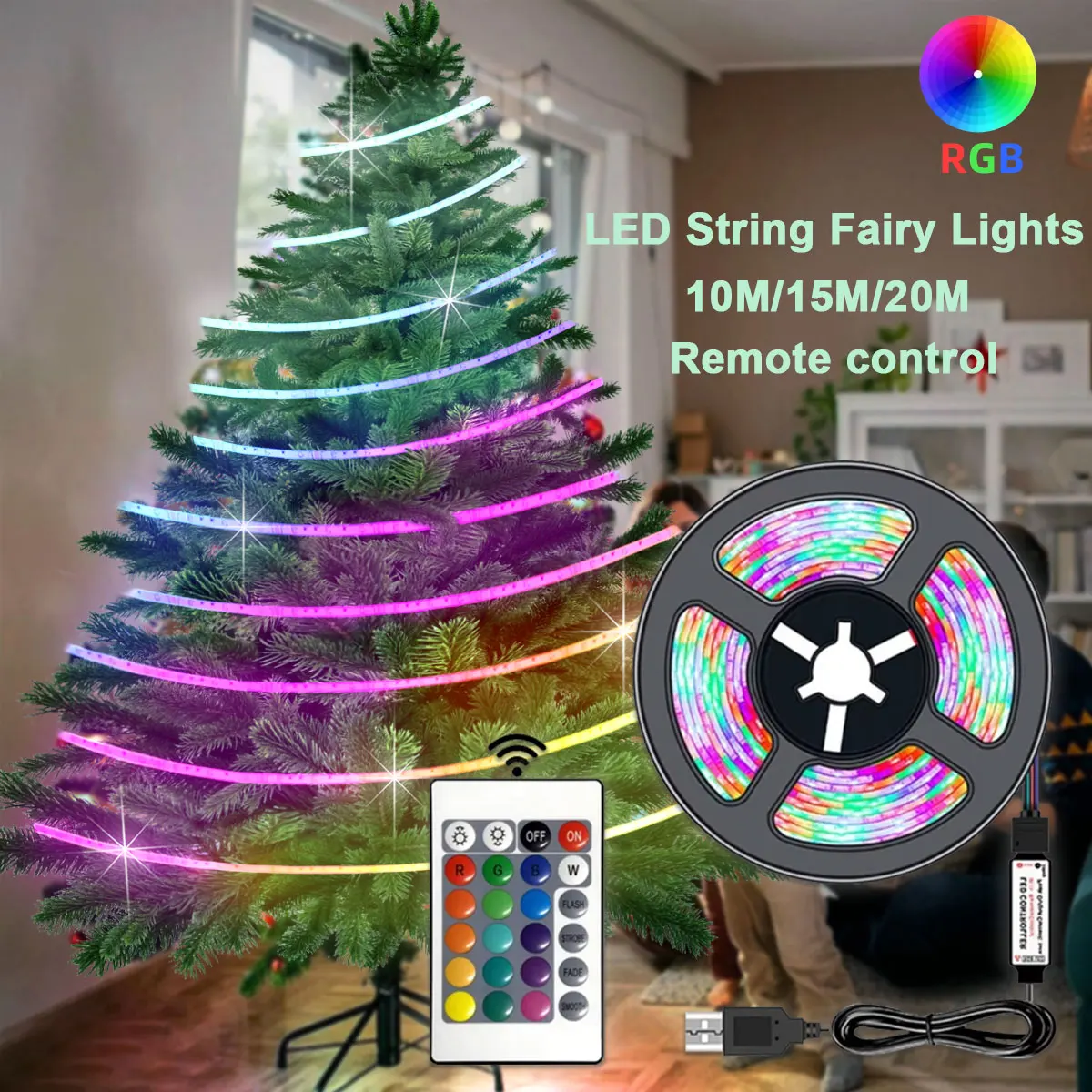 

Рождественская елочная лампа 10 м/15 м/20 м USB 2835 светодиодная лента RGB пульт дистанционного управления праздничное украшение для рождественской свадьбы