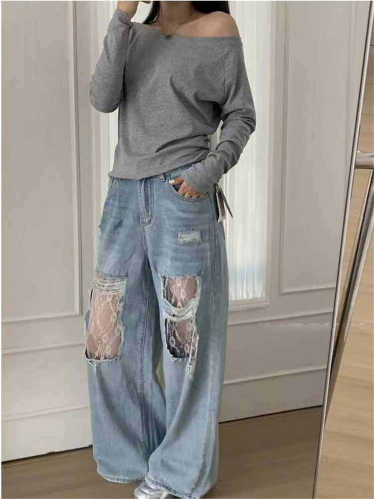 

Summer Women's Splicin Holes Lace Blue Jeans High Waist Wide Legs Trousers Cool Girl Casual Bottoms Female Denim Pants