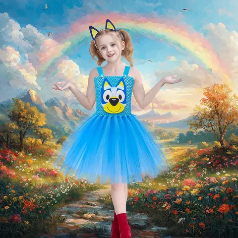 Cartoon Doggy Girl Cosplay Kostüm Niedlicher blauer Hund Mädchen Tutu Kleid Baby Geburtstag Outfit Kostüm für Halloween Karneval Party
