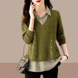 Fake Two Piece Top Knit Sweater Women's Splice Shirt Collar 2024 Spring Autumn New Korean Loose Long Sleeve Sweater Brown Shirt