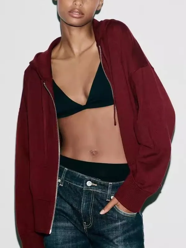 mat Comfortable Knitted Long Sve Hoodie Women's Faion New Arrival 2025 Autumn Season Polyester Fabric Zipper Closure