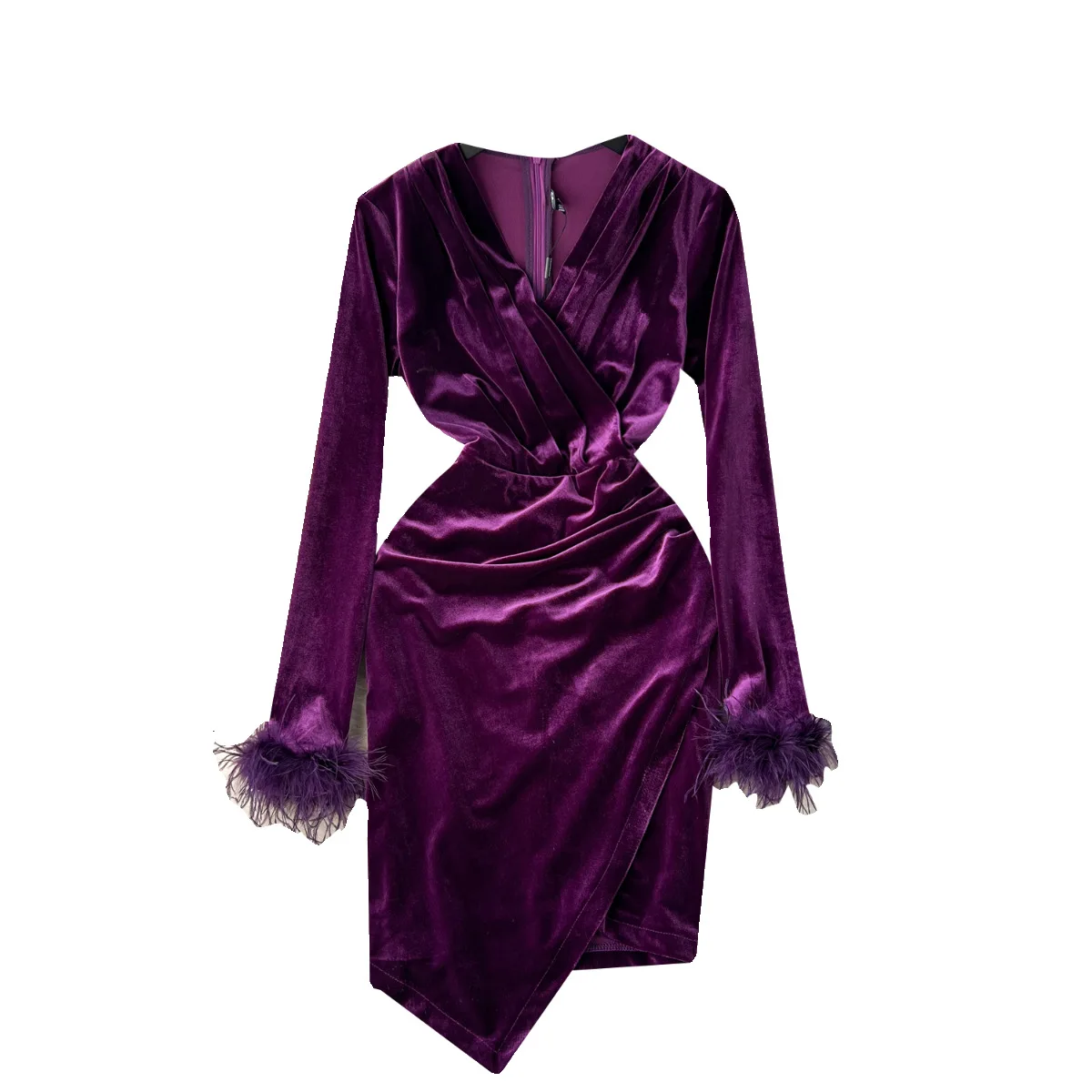 JAMERARY Luxury Banquet Velvet Dress Women\'s Sexy Wrap Robe Feathers Long Sleeve Sheath Bodycon Autumn Winter Vestidos