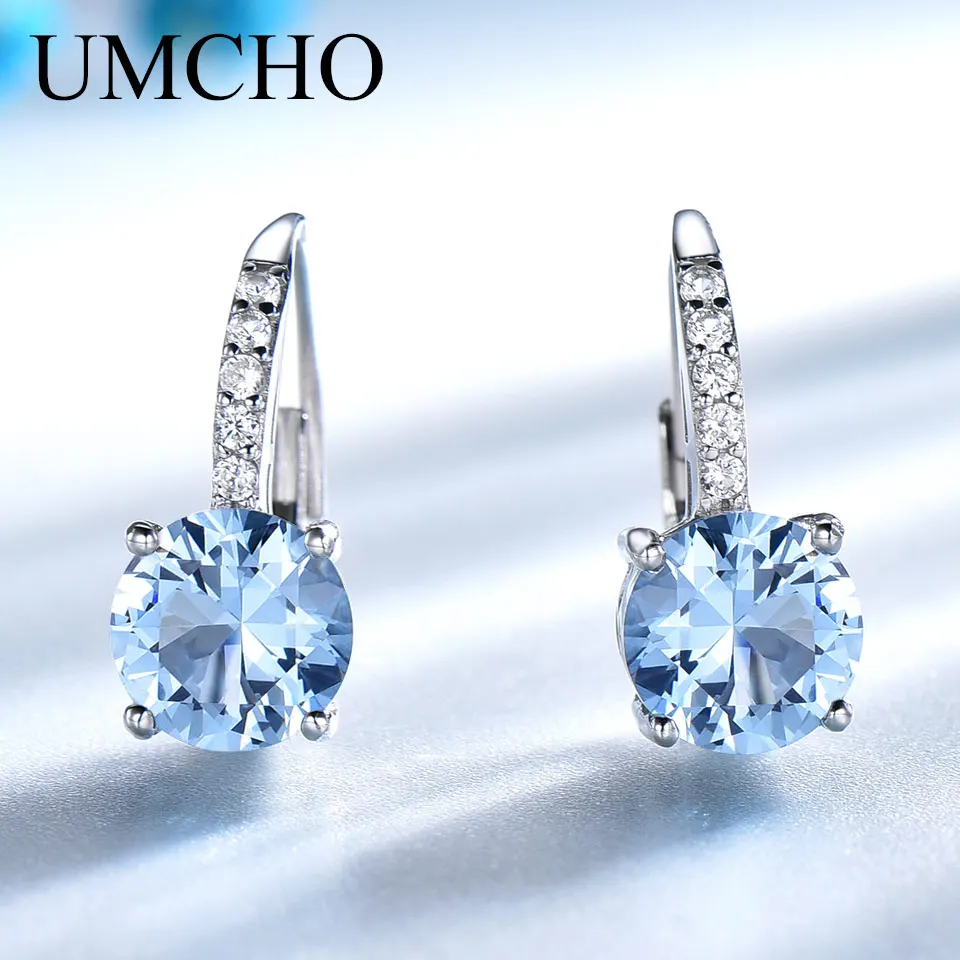 

UMCHO Real 925 Sterling Silver Clip Earrings For Women Gemstone Sky Blue Topaz Female Earrings Round Wedding Valentine's Jewelry