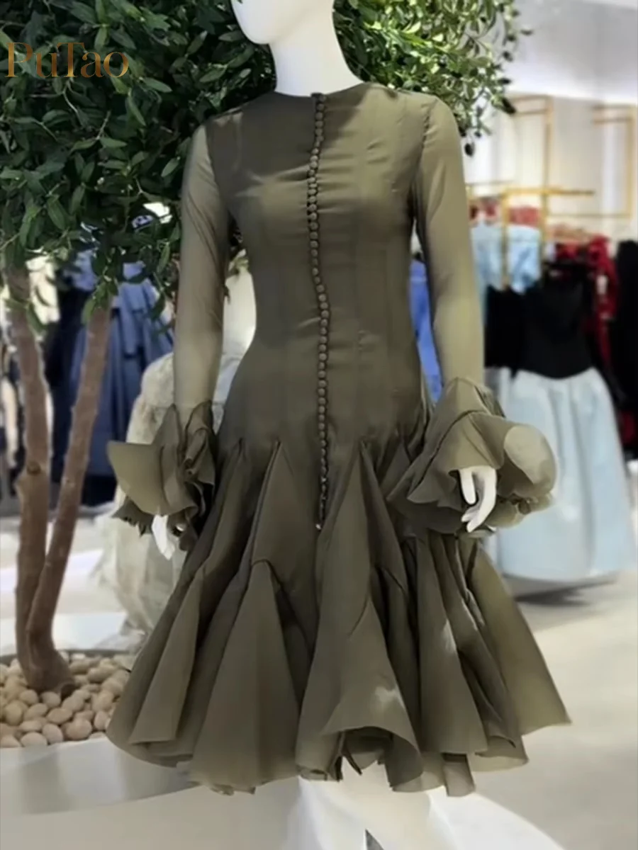 PuTao Midi Dress High Neck Flare Long Sleeve Front Button Ruffled Flowy Skirt Modest Formal Dress Wedding Guest Party Outfit