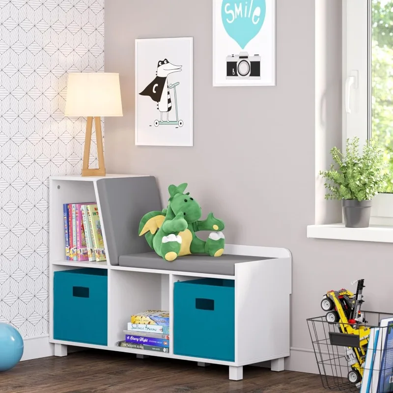 Book Nook Collection Kids Reading Nook and White Cubby Storage Bench Toy Storage with Comfy Cushioned Seat And Cubbies