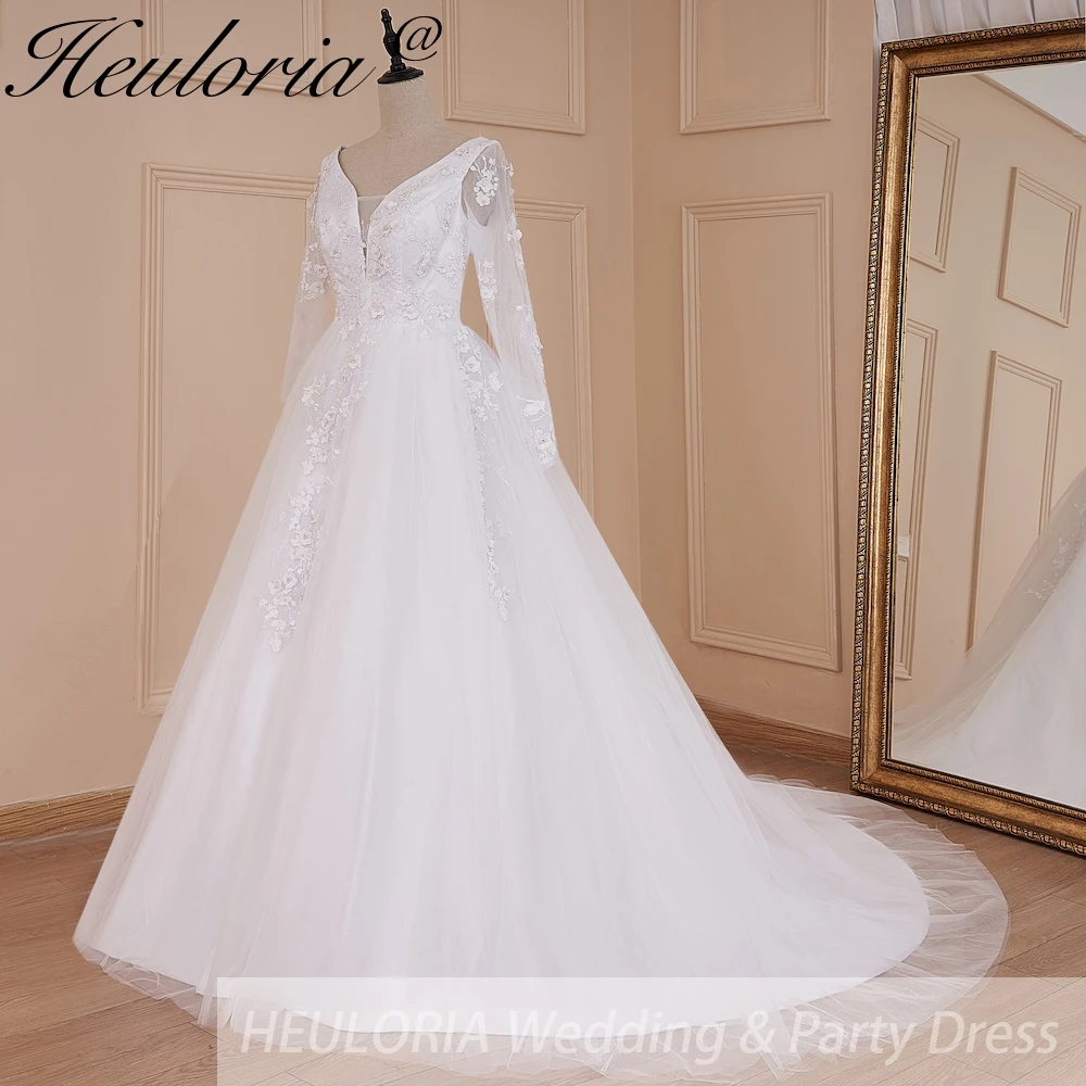 HEULORIA elegant A line wedding dress long sleeve lace applique bride dress Robe De Mariee Wedding Bride Dress long train