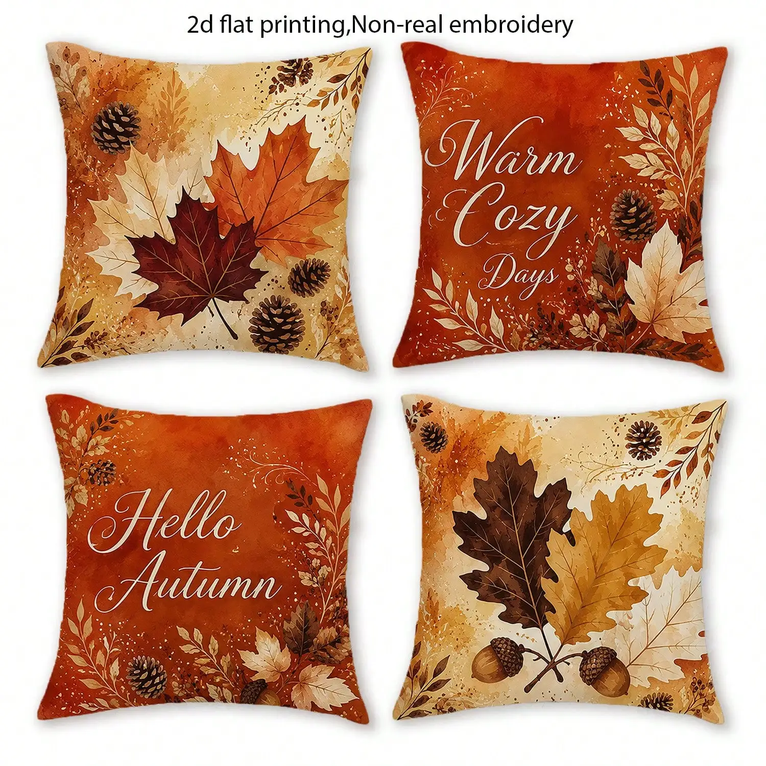 4pcs 2D Flat Print Hello Fall Slogan Country Throw Pillow Covers, Vintage Maple Leaf Pumpkin Cushion Covers, Autumn Thanksgiving Home Decorative Pillowcases, For Bedroom, Living Room, Sofa, Courtyard
