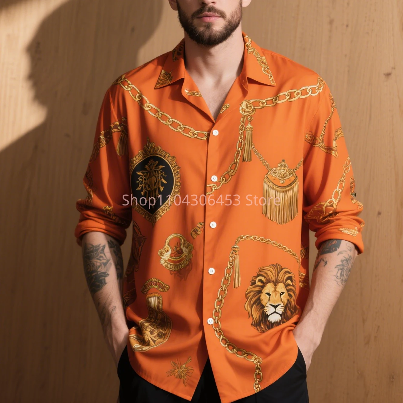 Men's Lion Chain Chain 3D Print Shirt Solid Color Long Sleeve Lapel Retro Business Casual Shirt Hawaii Beach Vacation Wholesale