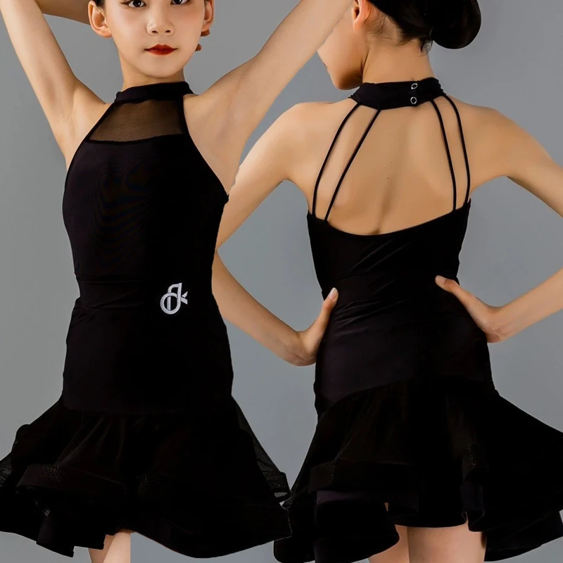 Children Latin Dance Training Dress Kids Girls Sleeveless Mesh Bodysuit and Fishbone Double-layer Skirt Samba Ballroom Dancewear