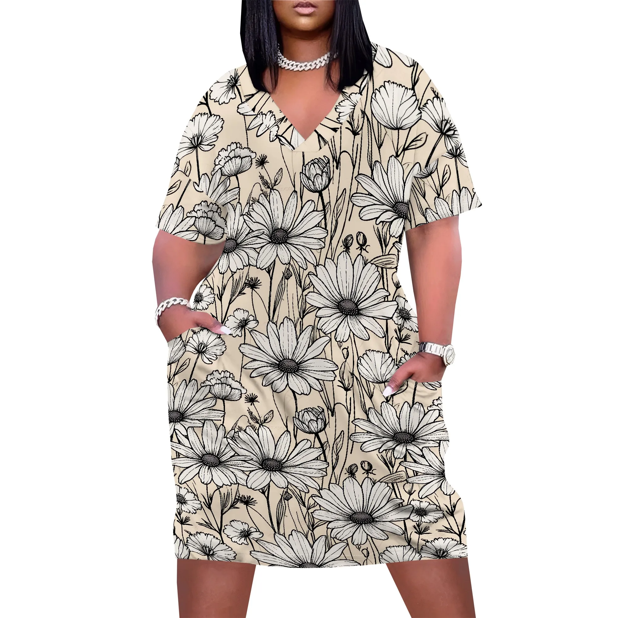 

Women's Large Size Casual Simple V Collar T-Shirt Loose Dress