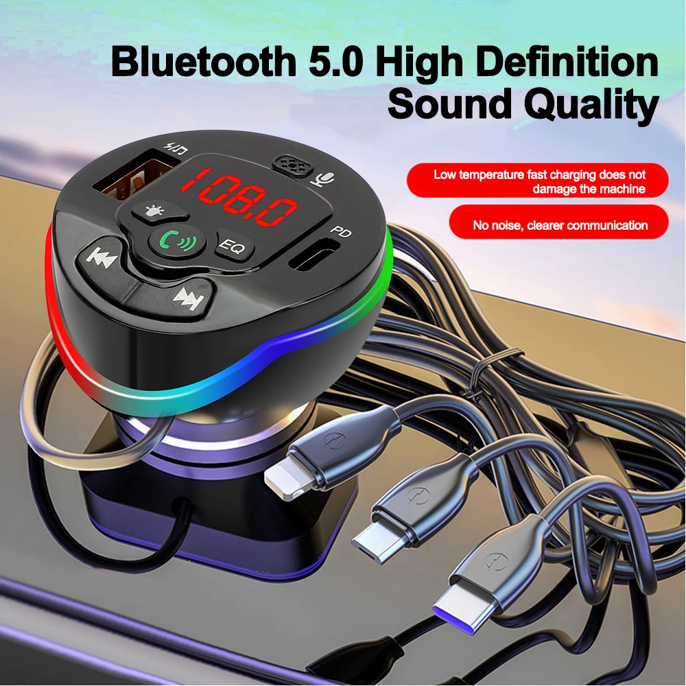 Car Bluetooth 5.0 FM Transmitter MP3 Modulator Player Handsfree Audio Receiver With 3 in 1 Charge Cable for IPhone Huawei Xiaomi