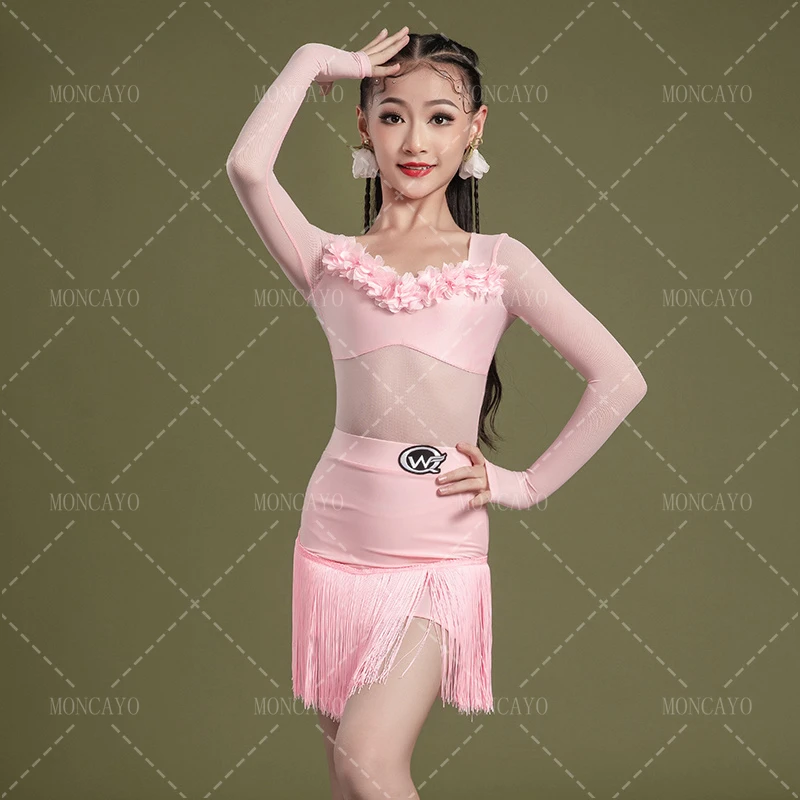 Salsa Samba Tango Latin Dance Dress Girls Cha Cha Ballroom Dance Costume Fringe Latin Practice Dress Kids Competition Dress