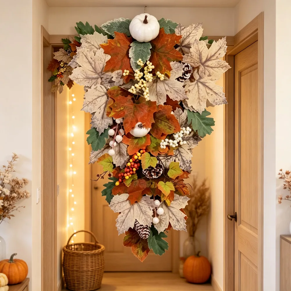 Autumn Maple Leaf White Pumpkin Pinecone Berry Wall Hanging 48x32cm Cloth Yellow Harvest Festival Door Decor Easy Install Home F