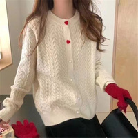 Autumn Sweet Style Women's Knitted Sweetheart Linen Solid Color Heart Shaped Button Pearl Button Cardigan Coat Women's Clothing