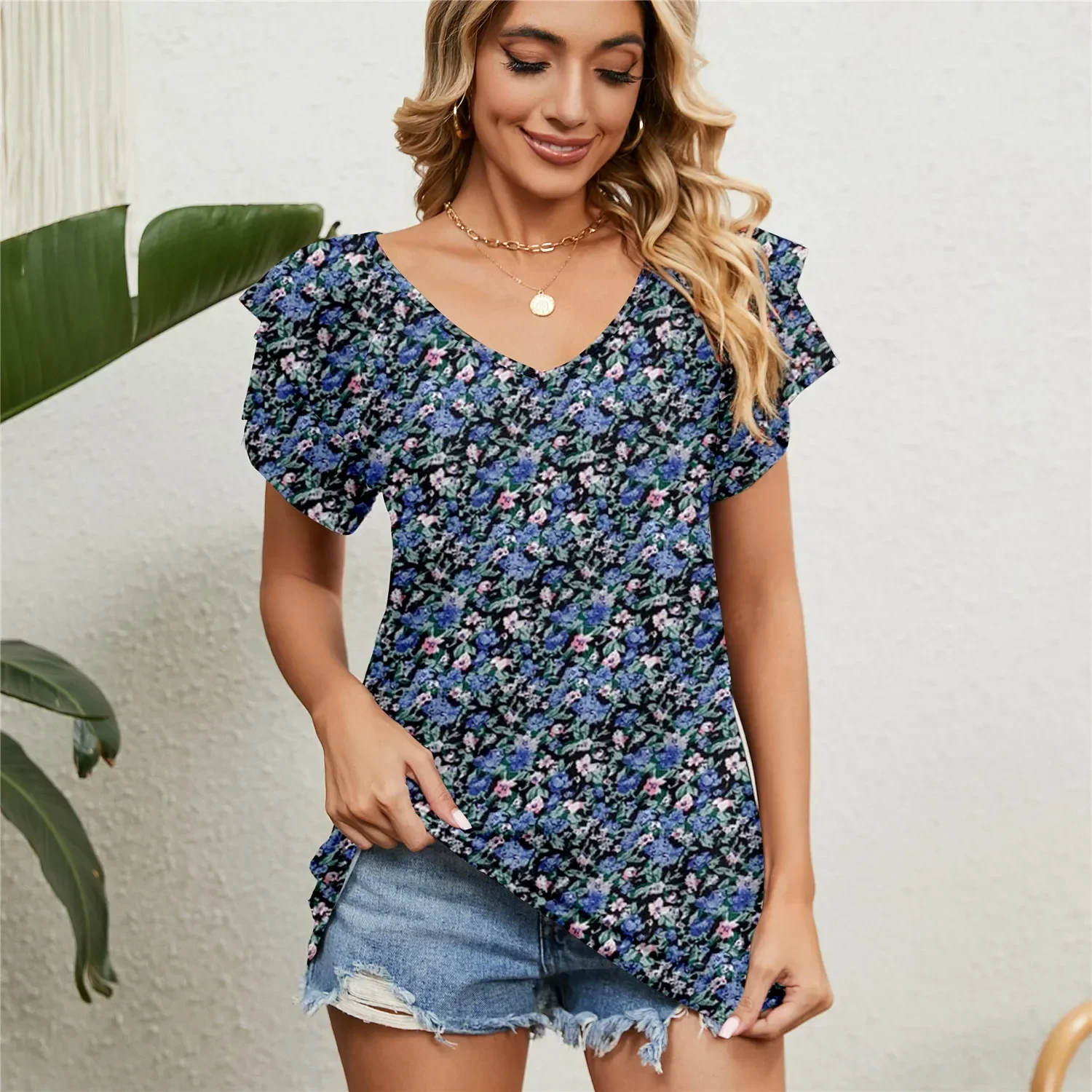 Woman Clothing T-shirt Women's Floral Tops Cute Chiffon Blouse T Shirt Short Butterfly Sleeve Female Clothes for Women