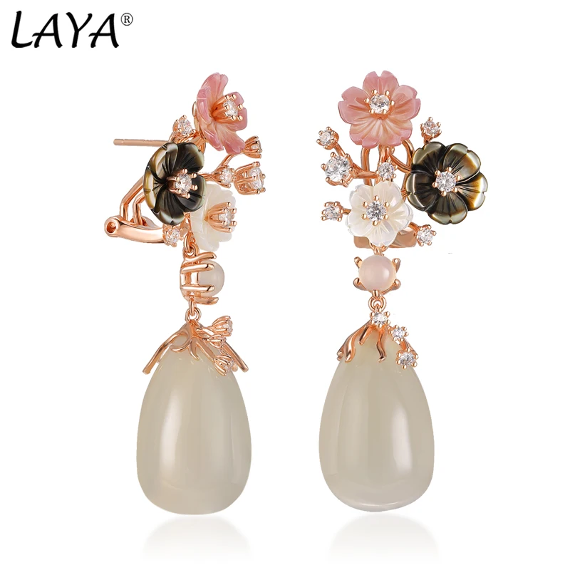 

Laya 100% 925 Sterling Silver Earrings For Women Vintage Natural Chalcedony Shell Flower Earrings Original Modern Jewelry