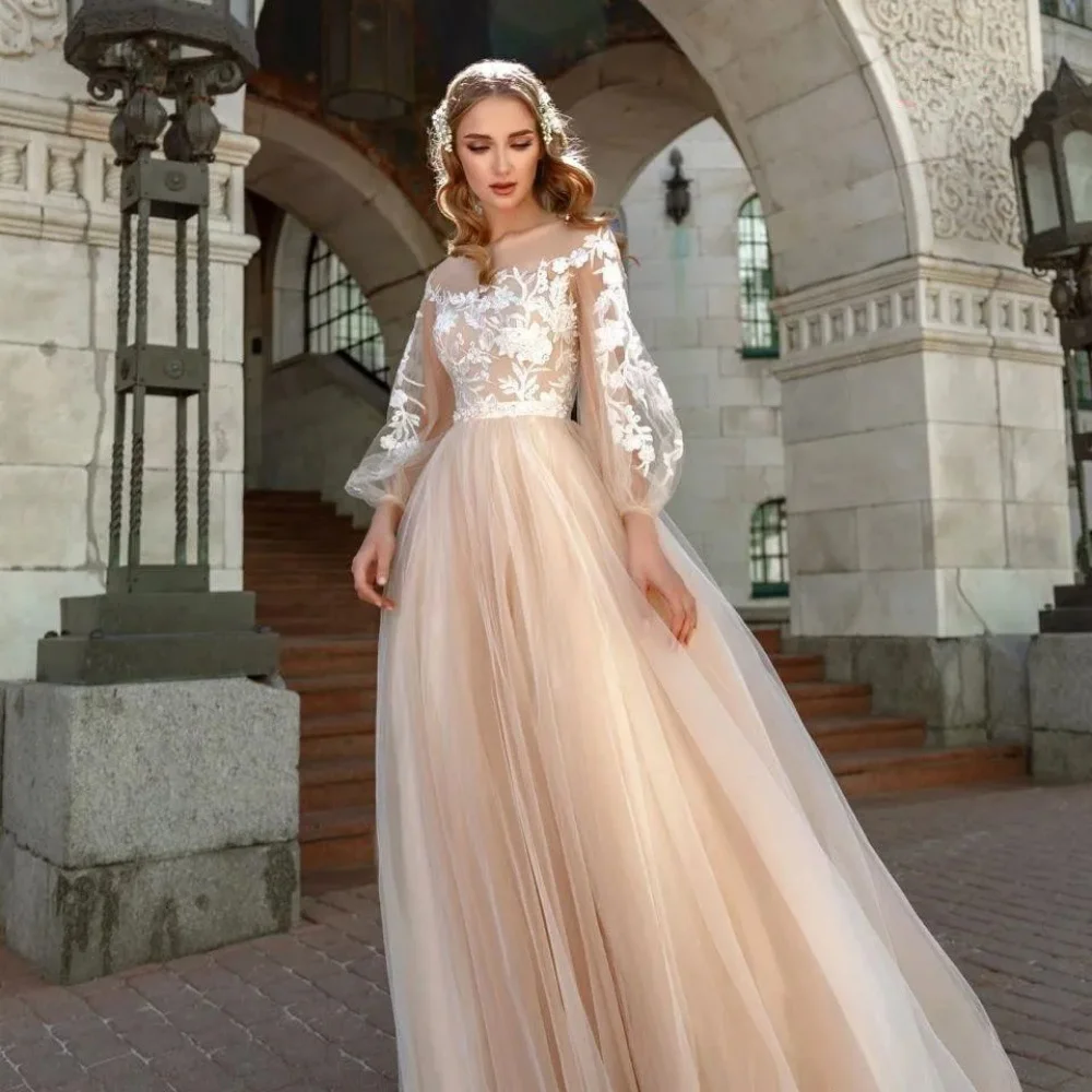 

Vestidos de novia O-Neck Long Puffy Sleeve Wedding Dress Lace Appliques A-Line Floor-Length Tulle Wedding Party Dress Prom Dress