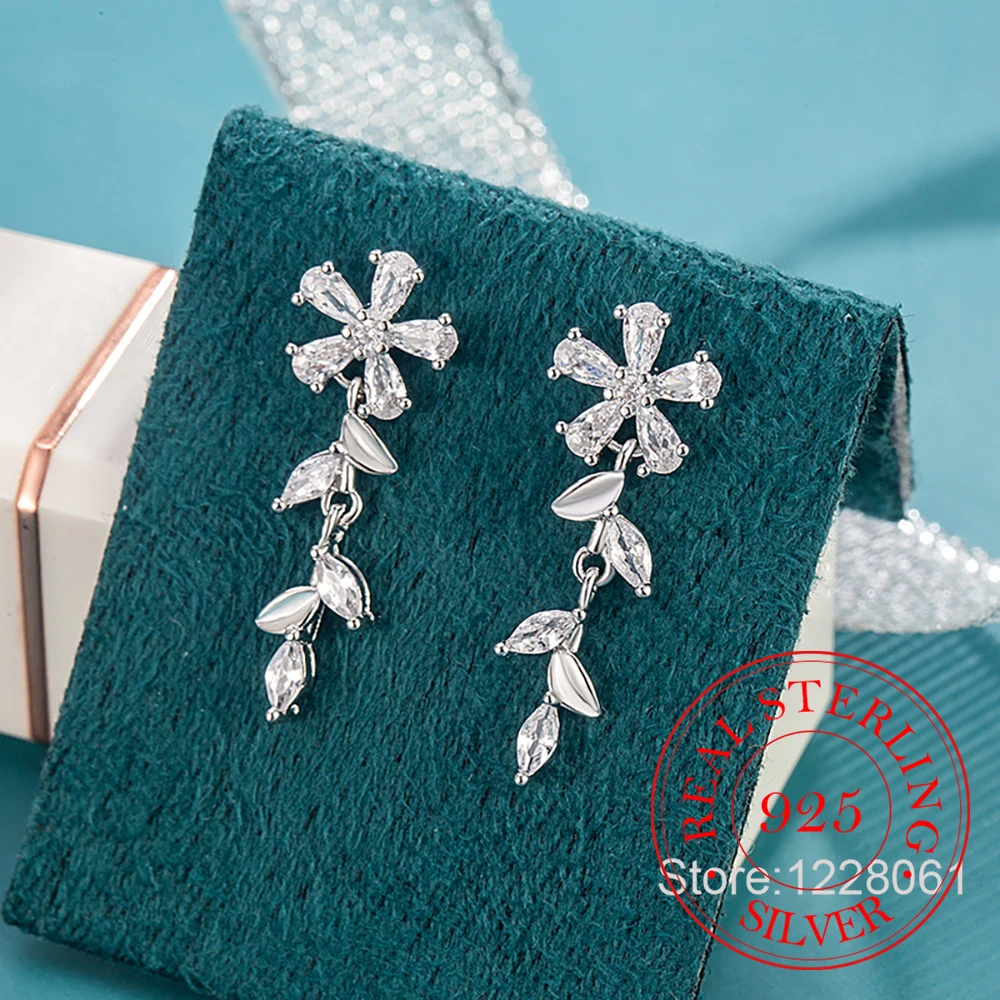 925 Sterling Silver Jewelry Crystal Long Tassel Leaf Flower Stud Earrings for Women Wedding Party Jewelry For Girls Friend Gift