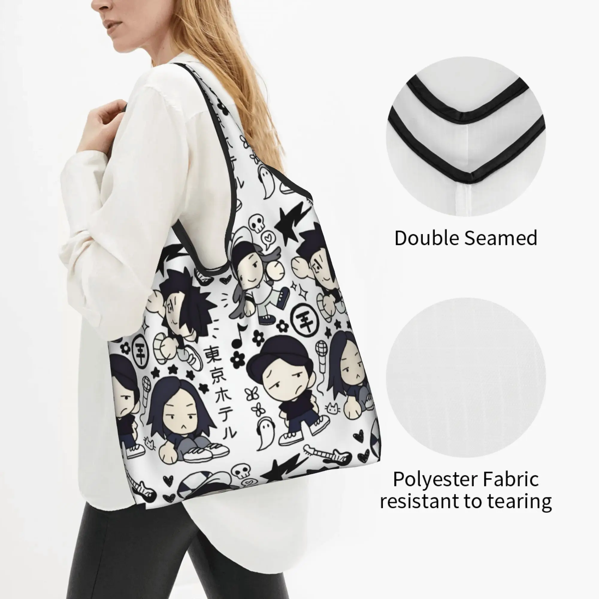 Kawaii Timeless Rock Music T-Tokios H-Hotels Cute Shopping Tote Bag Portable Classic  Grocery Shopper Shoulder Bag
