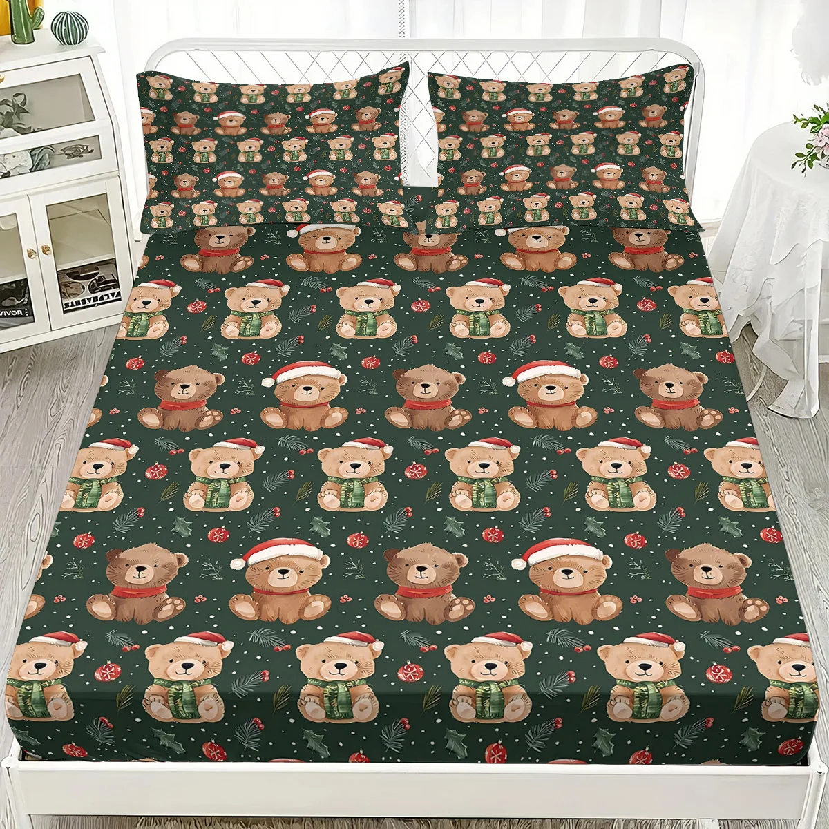 Juego de 3 sábanas ajustadas sin núcleo con estampado de oso de peluche navideño, funda de cama suave de varios tamaños, decoración de ropa de cama para dormitorio, lavable a máquina