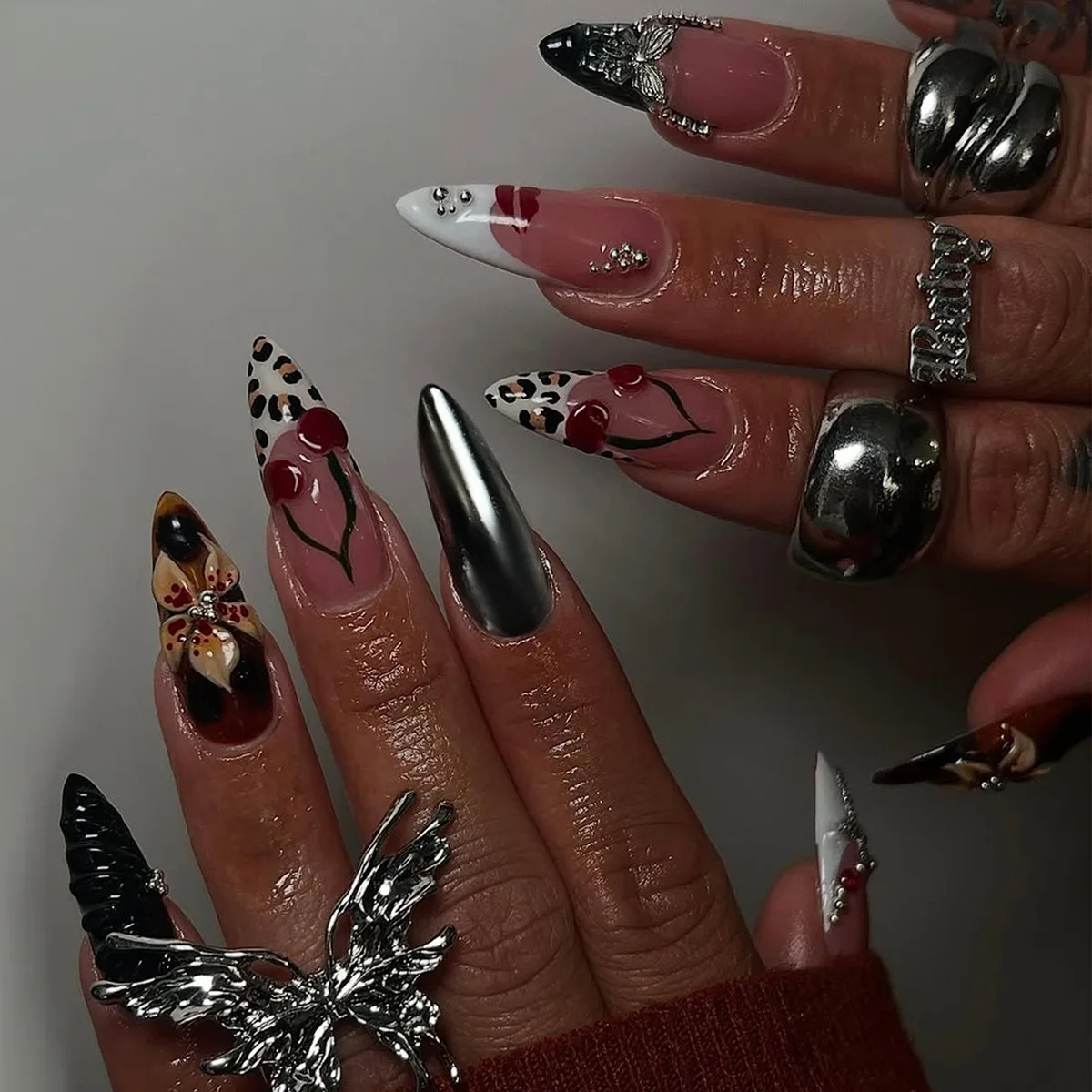 

24 шт., французские накладные ногти с леопардовым принтом и клеем, сладкий цветок, вишневые губы, миндалевидные накладные ногти для женщин, носимый маникюр