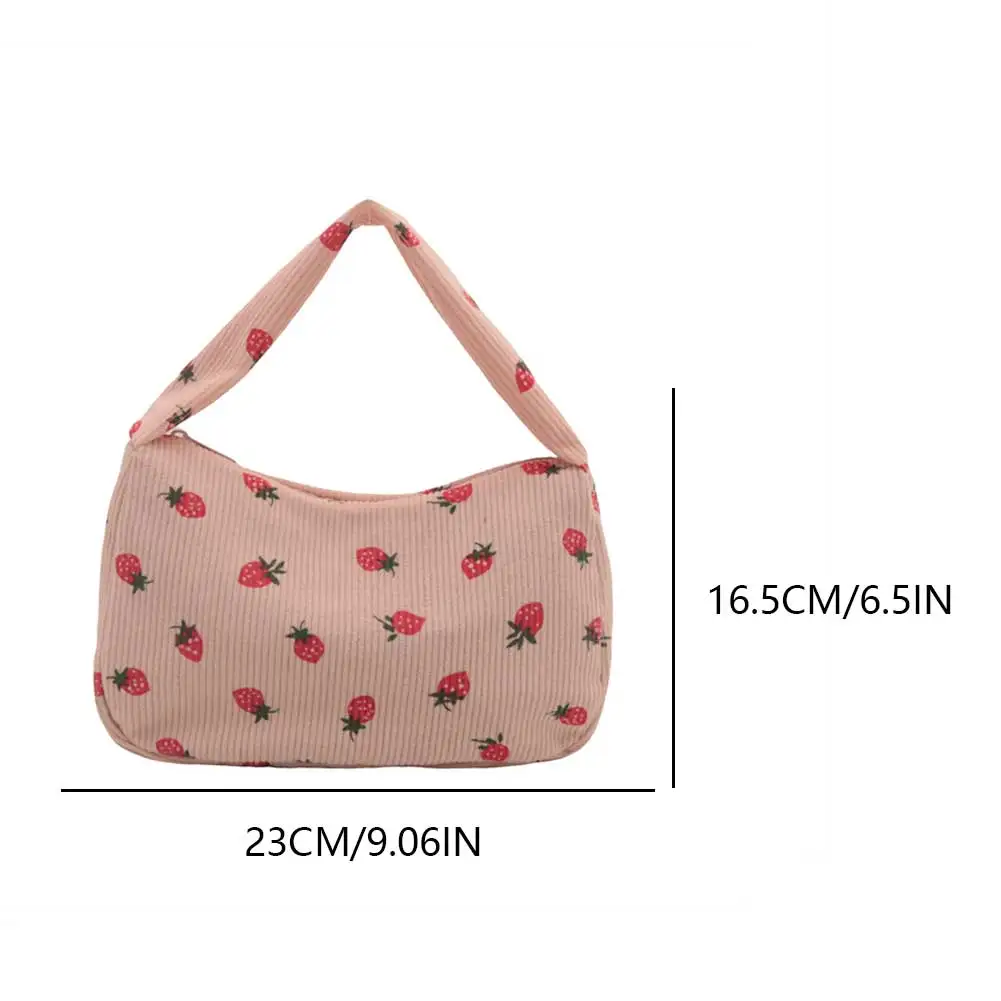 Bolsa tote de veludo morango fofa para mulheres bolsa de ombro com zíper bolsa hobo para viagens de férias na praia