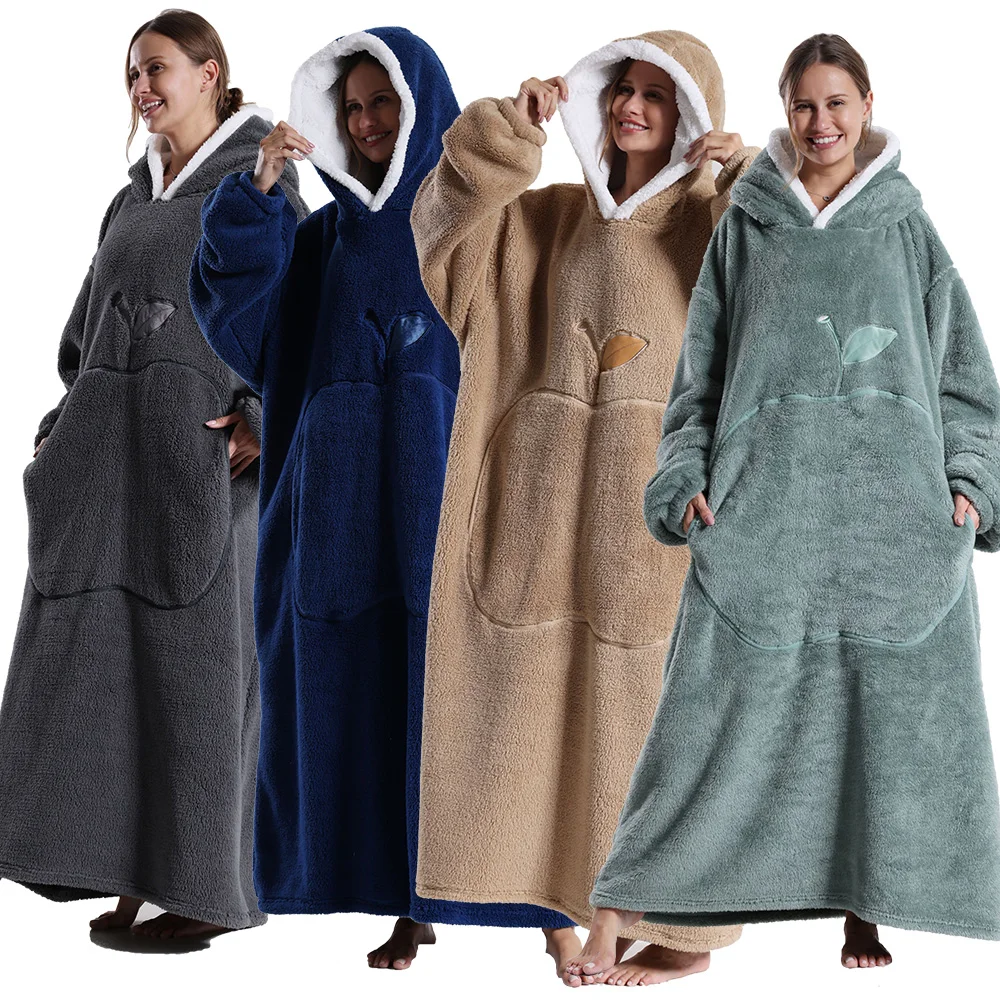 

Oversized Blanket Hoodie for Men Plus Size Women Winter Clothes Brown Gray Navy Blue Apple Pocket Embroidery Hooded Loungewear