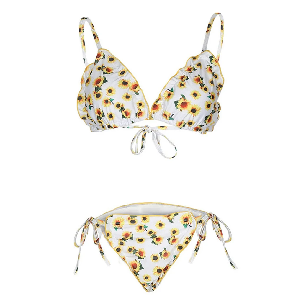 

2 шт./компл. женский сексуальный купальник-бикини с подсолнухом, купальный костюм с лямкой на шее, пуш-ап, мягкие купальники