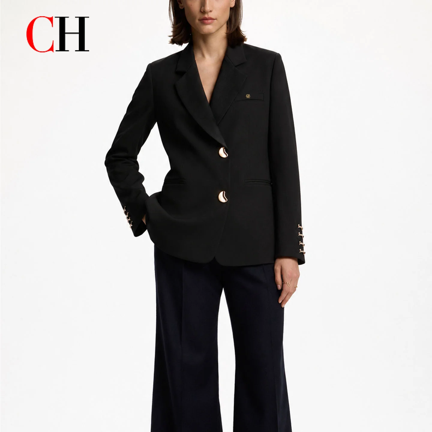 CH Ladies Casual Suit Gold Button Blazer Elegant Office Workwear Suit Autumn Winter