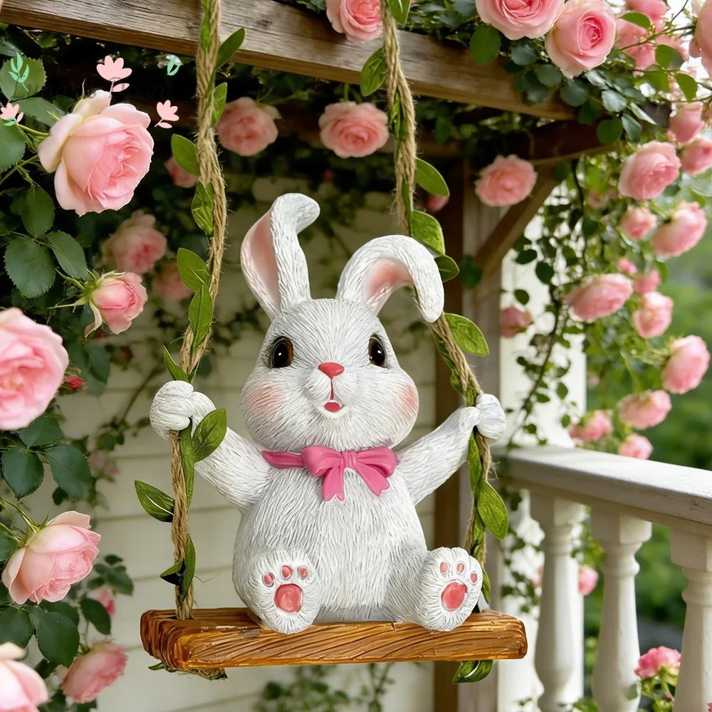 

Rustic swing white rabbit garden patio outdoor decorative ornament