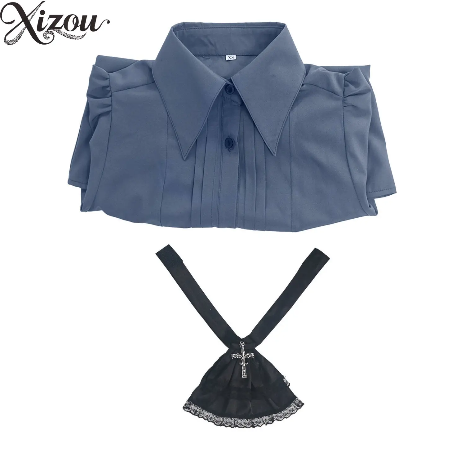 Gothic Style Womens Shirt Vintage Ruffled Blue Solid Color Long Sleeve Top Victorian Lolita Cosplay Blouses Spring Autumn
