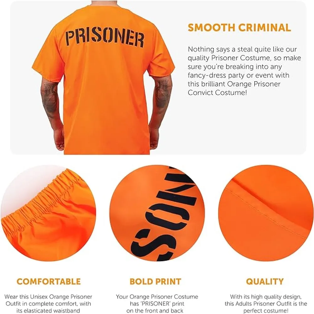 Adults Unisex Convict Halloween Cosplay Costume Inmate Orange Prisoner Jumpsuit Jailbird Outfits for Men and Woman