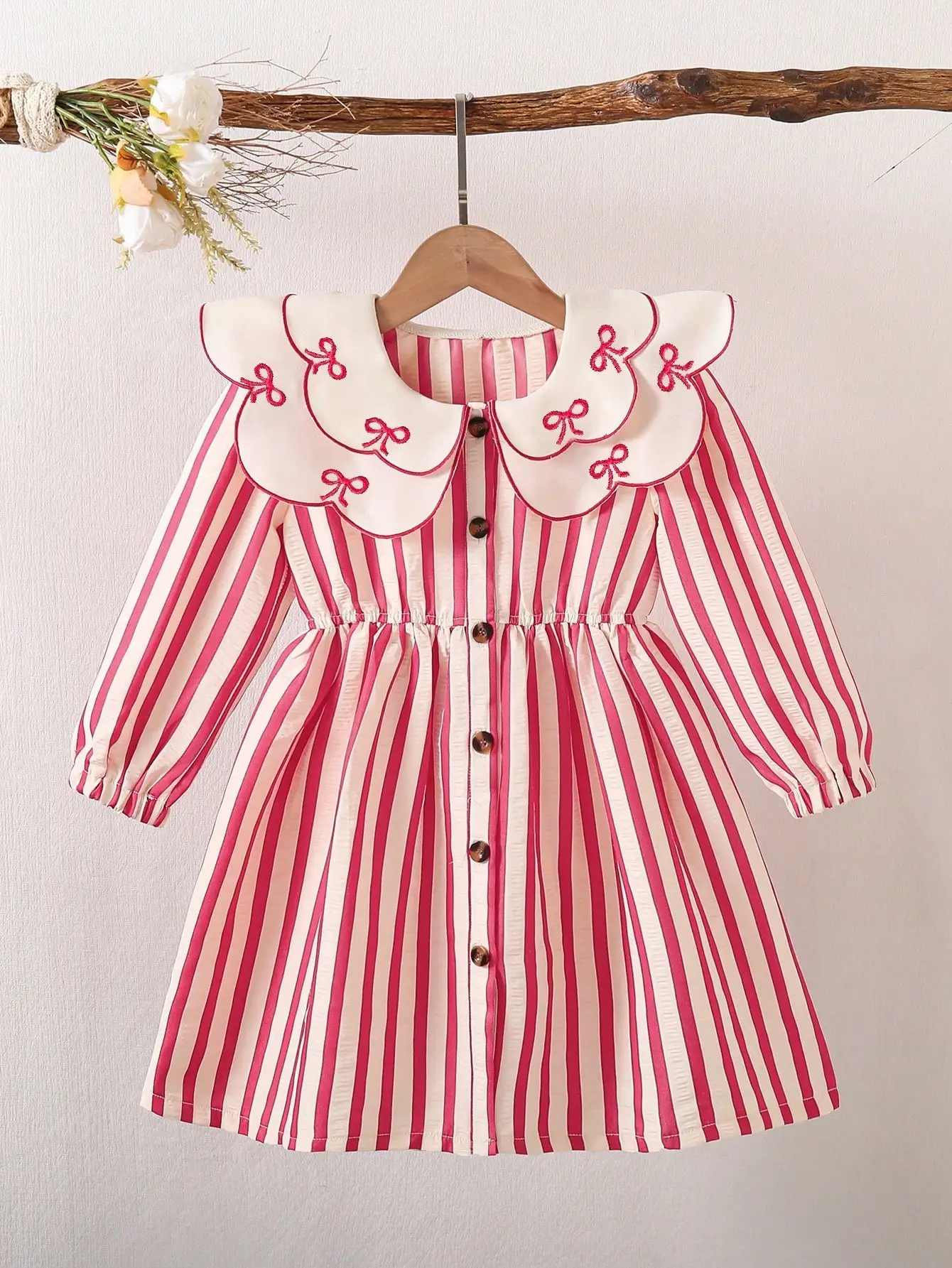 

Girls' Sweet Stripe Dress with Petal Collar & Puff Sleeves. Perfect for parties and kindergarten.