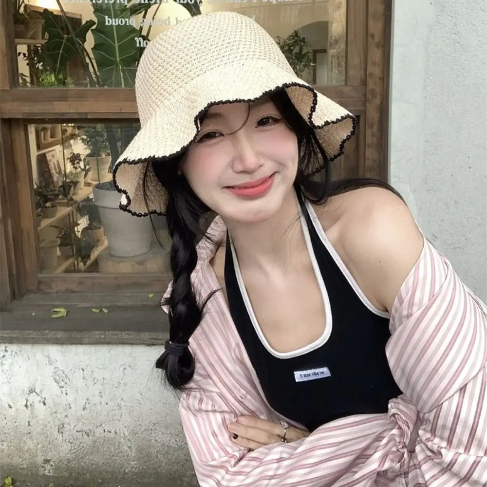 

Sunscreen Sweet Straw Sun Hat Temperament Visor Cap Seaside Beach Cap French Style Hollow Out Knitted Bucket Hat Spring Summer