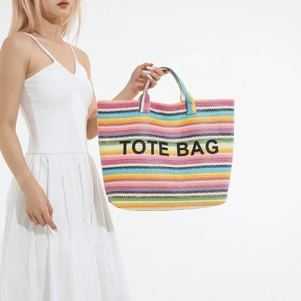 

Striped Straw Woven Tote Bag Contrasting Color Large Capacity Letter Prints Handbag Shoulder Bag Grocery Handbag Beach Bag