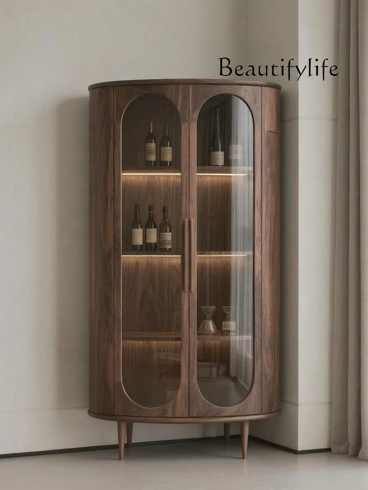 

Italian minimalist North American black walnut glass wine cabinet living room oval display cabinet solid wood storage