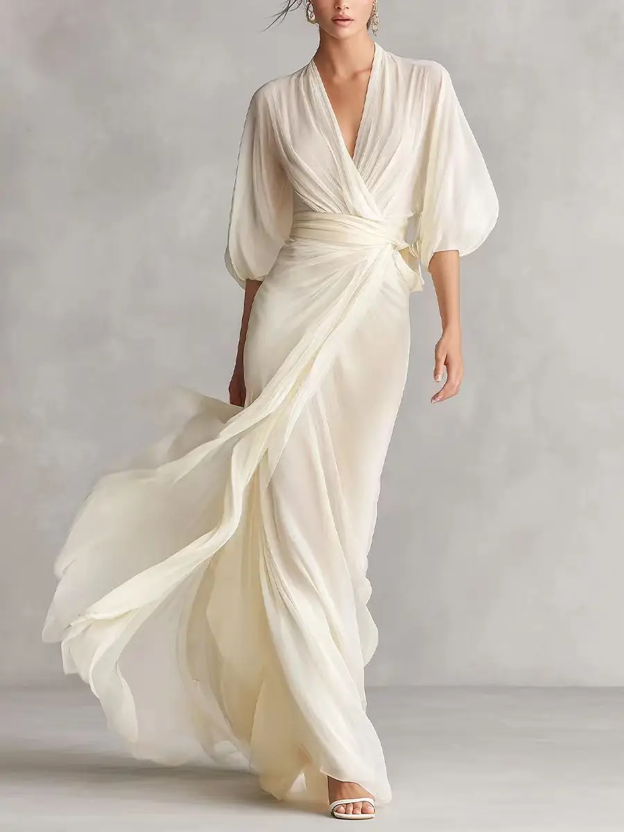 

Women's Chiffon Maxi Dress V Neck Wrap Waist Half Puff Sleeve Flowy Elegant Formal Evening Gown Wedding Party Dress