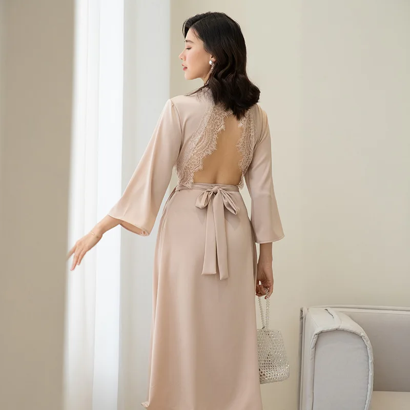 

Lace Backless Bathrobe Gown Bride Wedding Long Sleeve Sleepwear Women Kimono Robe Party Dress Home Wear Nightgown Loungewear