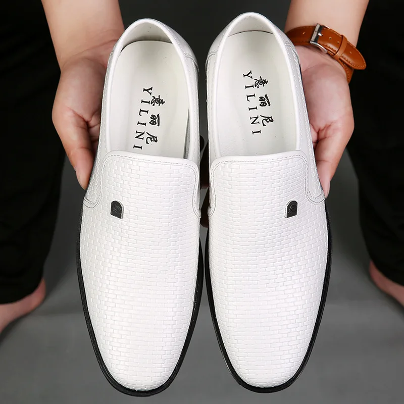 Cow Leather Mens Casual Shoes Hollow Out Summer Sandals Breathable White Business Formal Shoes Slip-on Loafers Shoes for Men