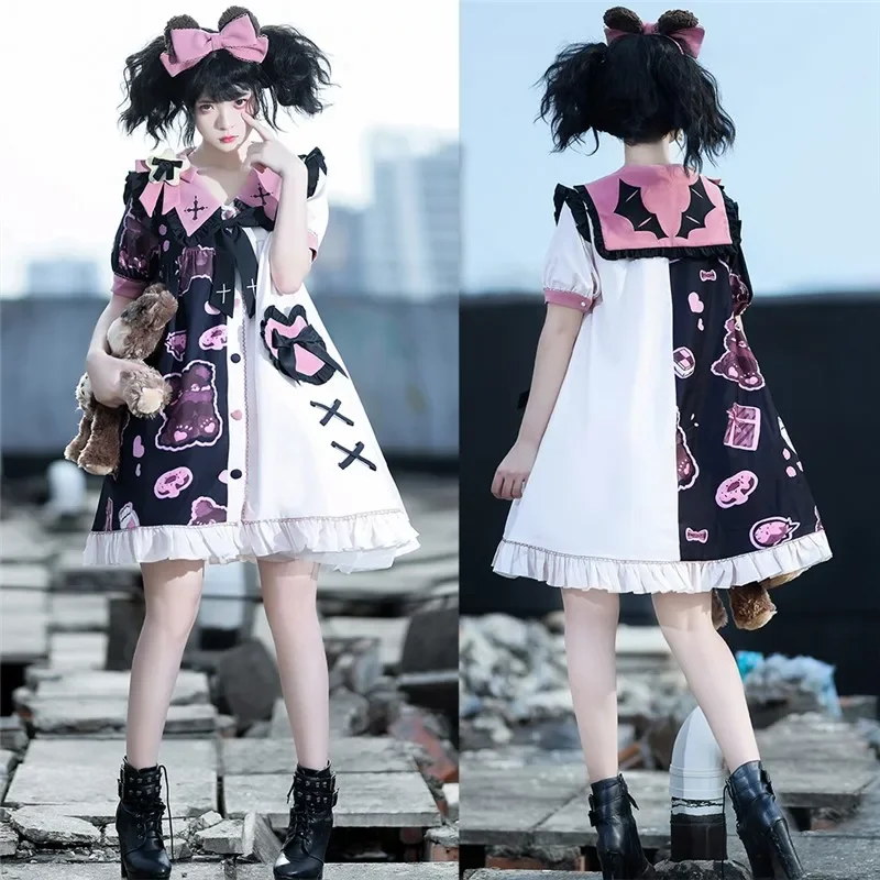 Robe Punk Gothique Foncé à Manches Courtes pour Femme, Imprimé Ours Lolita, Mode Kawaii, Doux, Quotidien, Nouvelle Collection