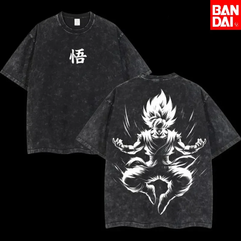 2026 Sommer Dragon Ball Z Vintage T-Shirt aus Baumwolle, schwerer Stoff, gewaschen, Oversized, Unisex, Anime Goku Dual Form Grafik, Retro