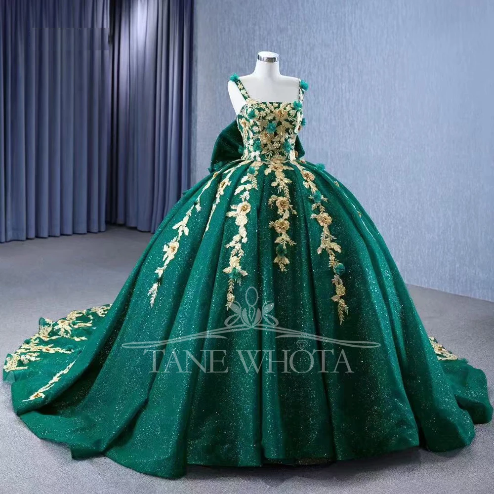 Green Ball Gown Quinceanera Dress 15th Birthday Spaghetti Straps Lace-Up Keyhole Back Beading Sequined Appliques Flower Detail